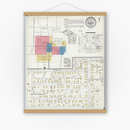 Old map wall art mockup — magnetic wood frame on white wall — Sanborn Fire Insurance Map from Romeo, Macomb County, Michigan (1921), Sheet #0001