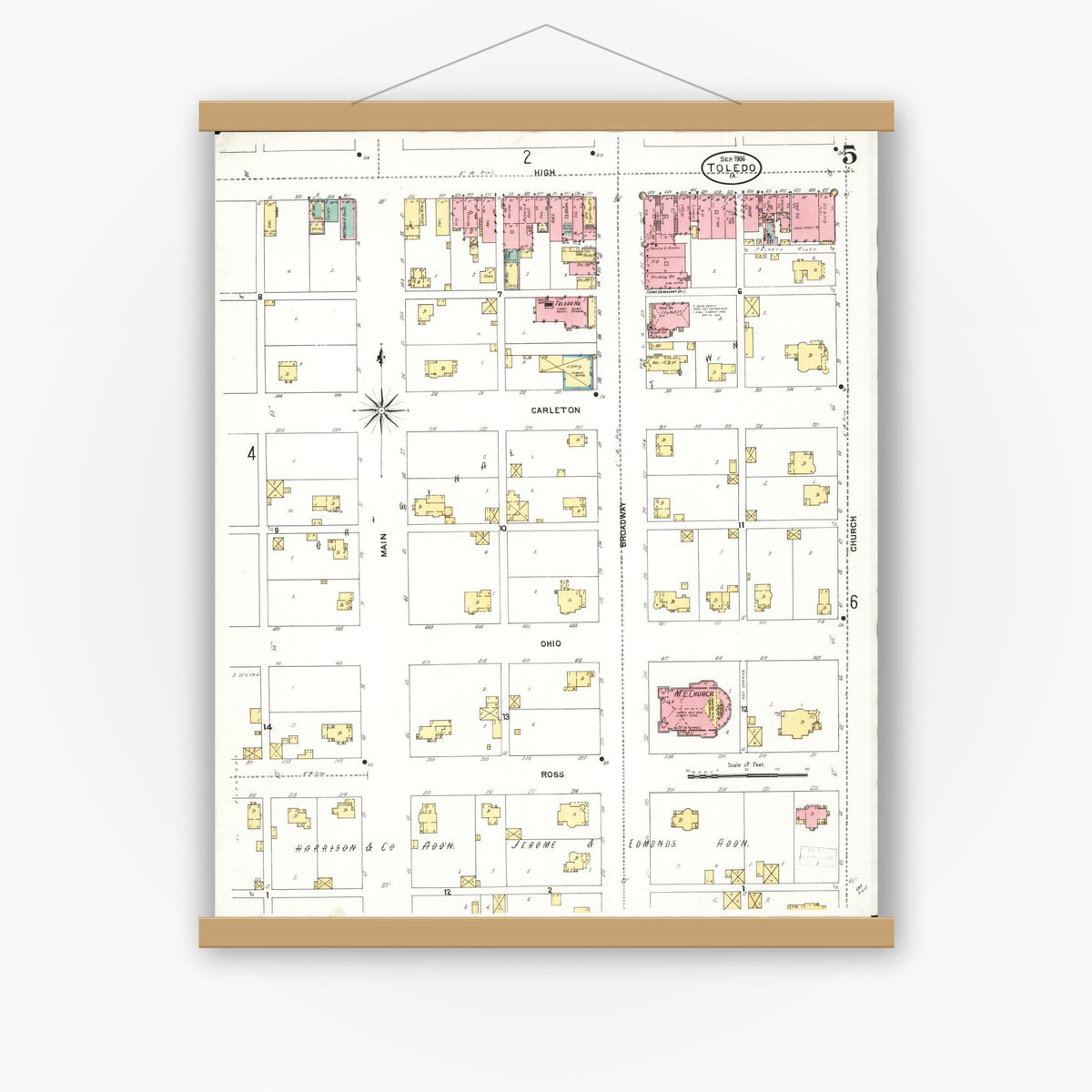 Old map wall art mockup — magnetic wood frame on white wall — Sanborn Fire Insurance Map from Toledo, Tama County, Iowa (1906), Sheet #0005