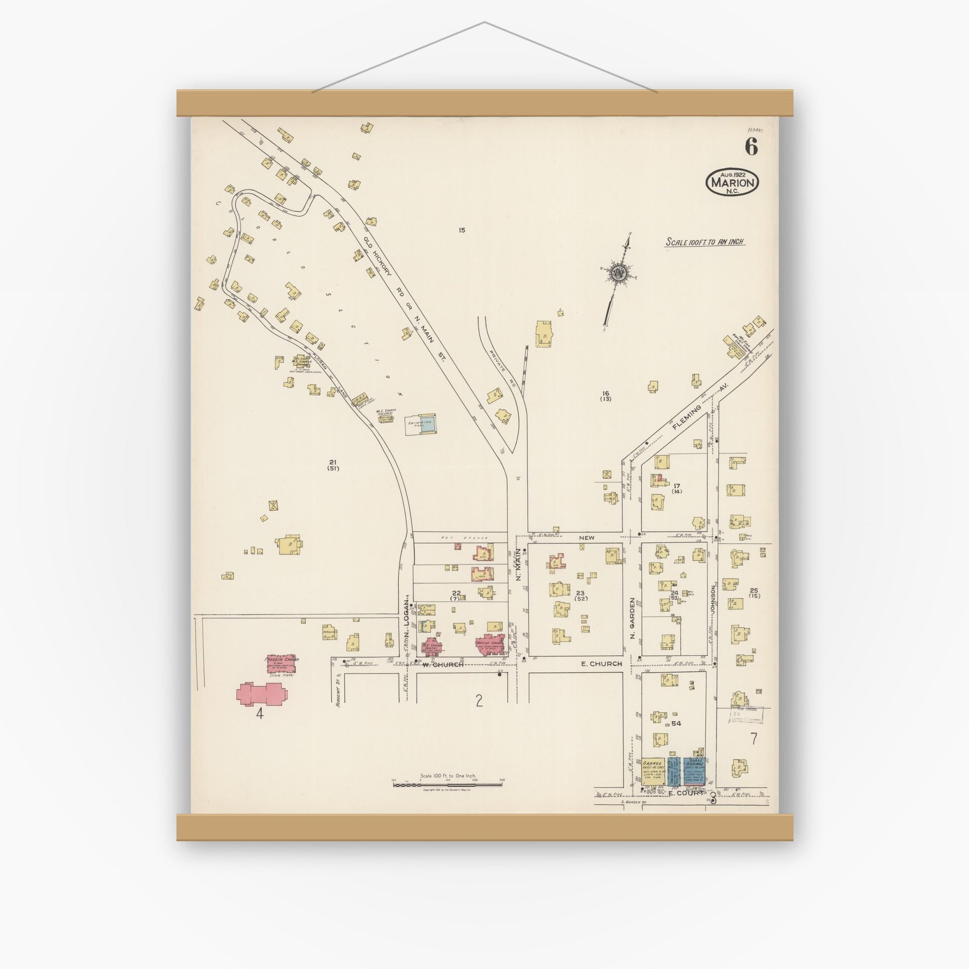 Old map wall art mockup — magnetic wood frame on white wall — Sanborn Fire Insurance Map from Marion, Mcdowell County, North Carolina (1922), Sheet #0006