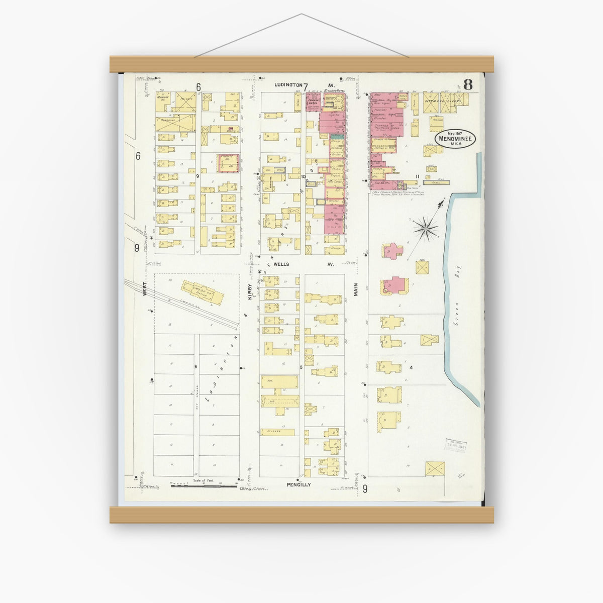 Old map wall art mockup — magnetic wood frame on white wall — Sanborn Fire Insurance Map from Menominee, Menominee County, Michigan (1907), Sheet #0008