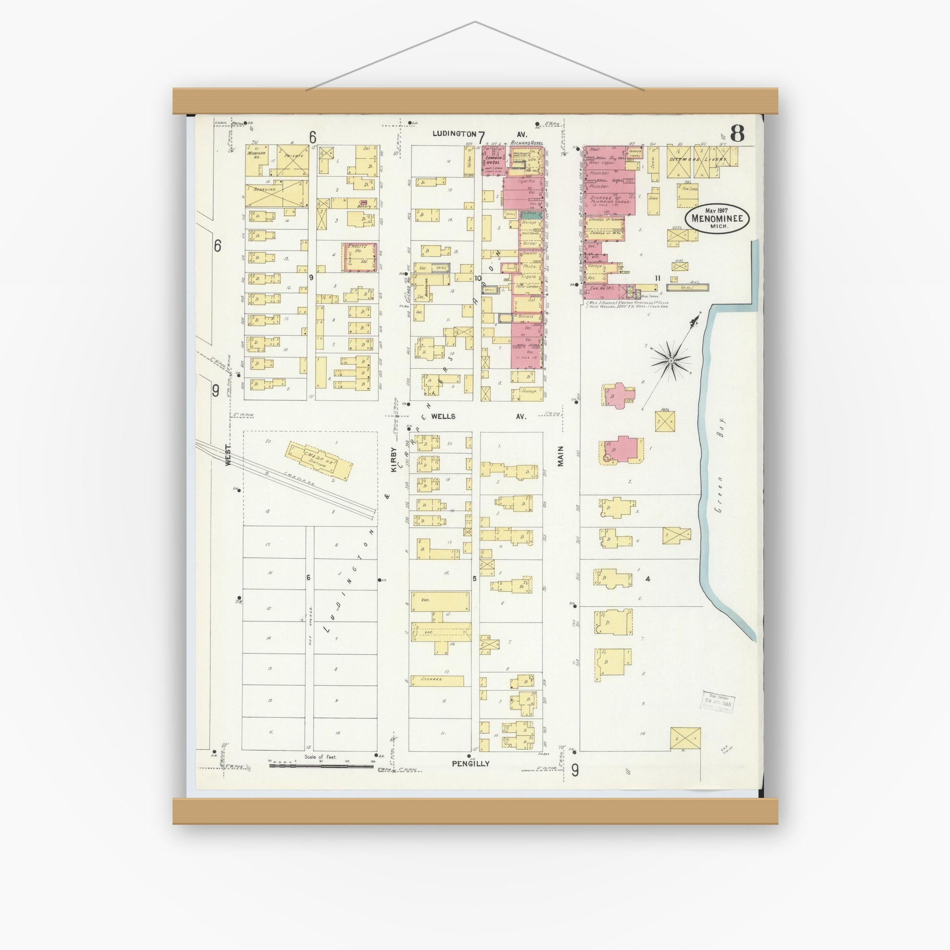 Old map wall art mockup — magnetic wood frame on white wall — Sanborn Fire Insurance Map from Menominee, Menominee County, Michigan (1907), Sheet #0008