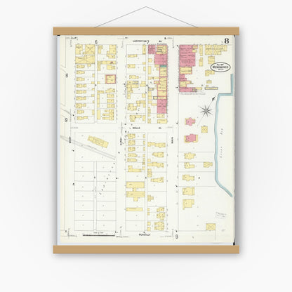 Old map wall art mockup — magnetic wood frame on white wall — Sanborn Fire Insurance Map from Menominee, Menominee County, Michigan (1907), Sheet #0008