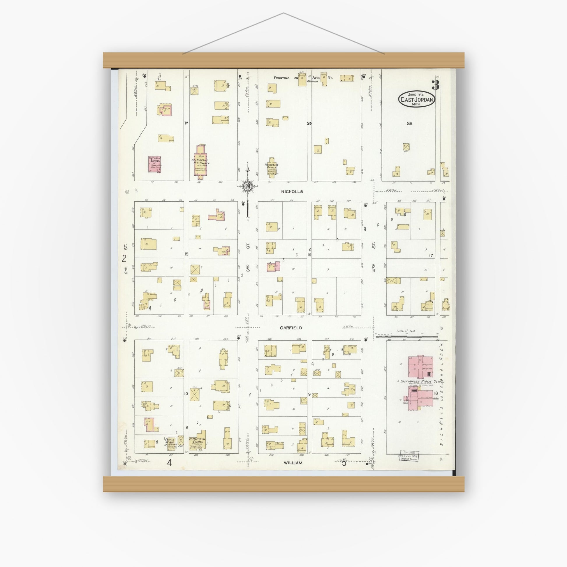 Old map wall art mockup — magnetic wood frame on white wall — Sanborn Fire Insurance Map from East Jordan, Charlevoix County, Michigan (1912), Sheet #0003