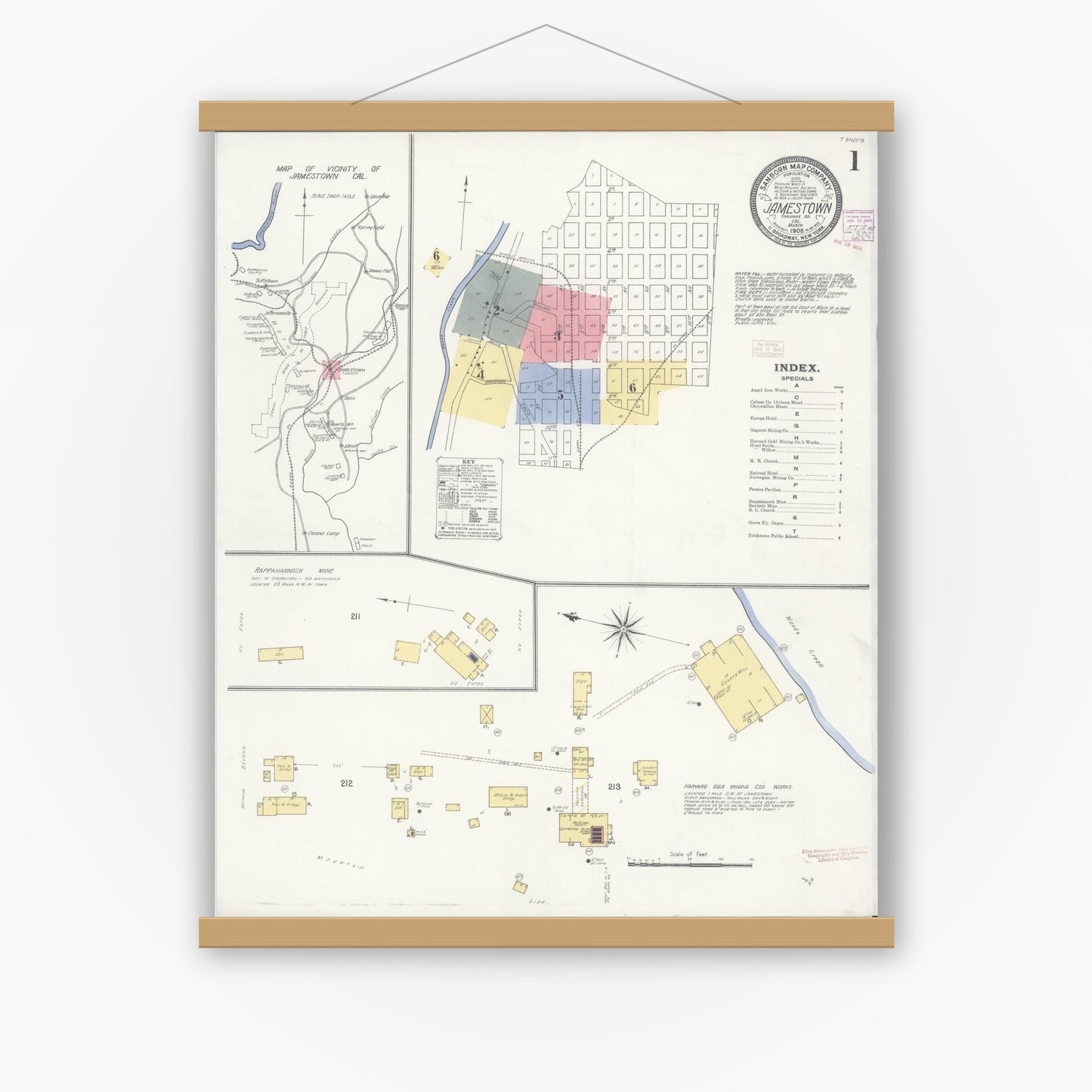 Old map wall art mockup — magnetic wood frame on white wall — Sanborn Fire Insurance Map from Jamestown, Tuolumne County, California (1908) - Complete Map Set
