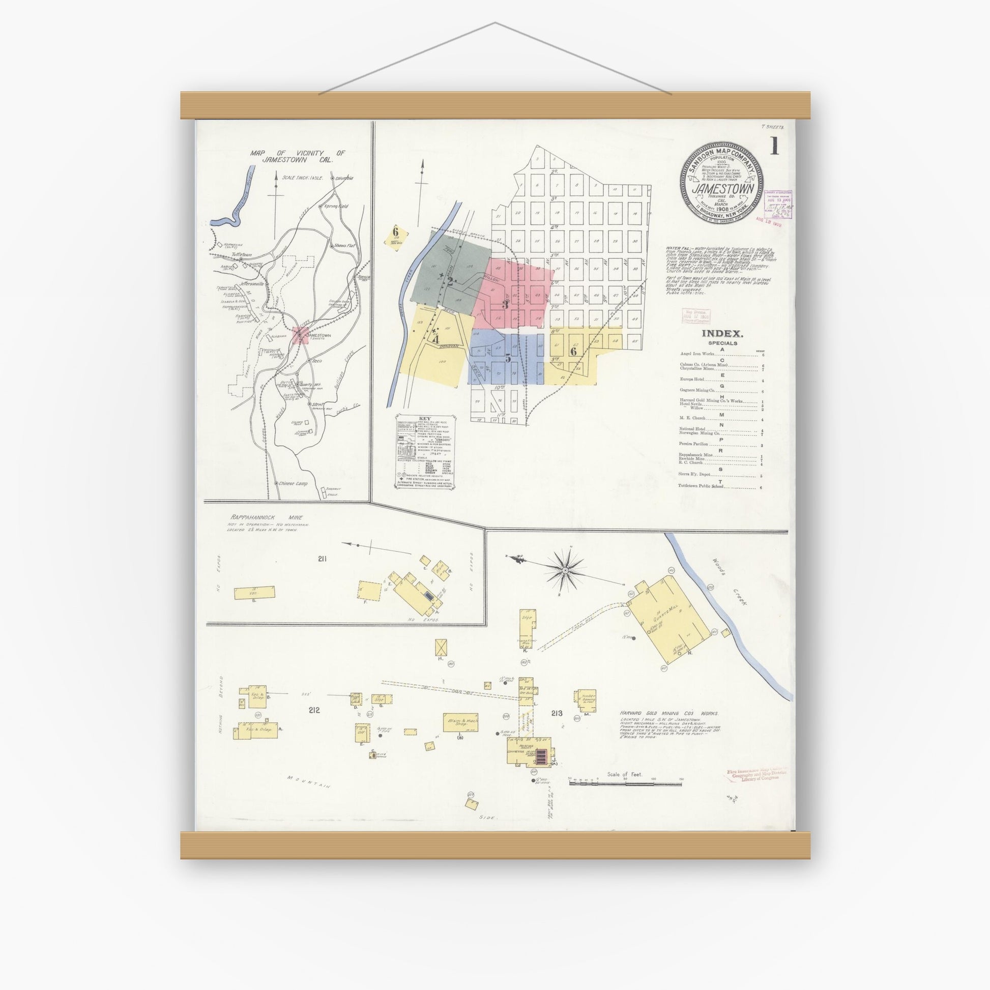 Old map wall art mockup — magnetic wood frame on white wall — Sanborn Fire Insurance Map from Jamestown, Tuolumne County, California (1908) - Complete Map Set