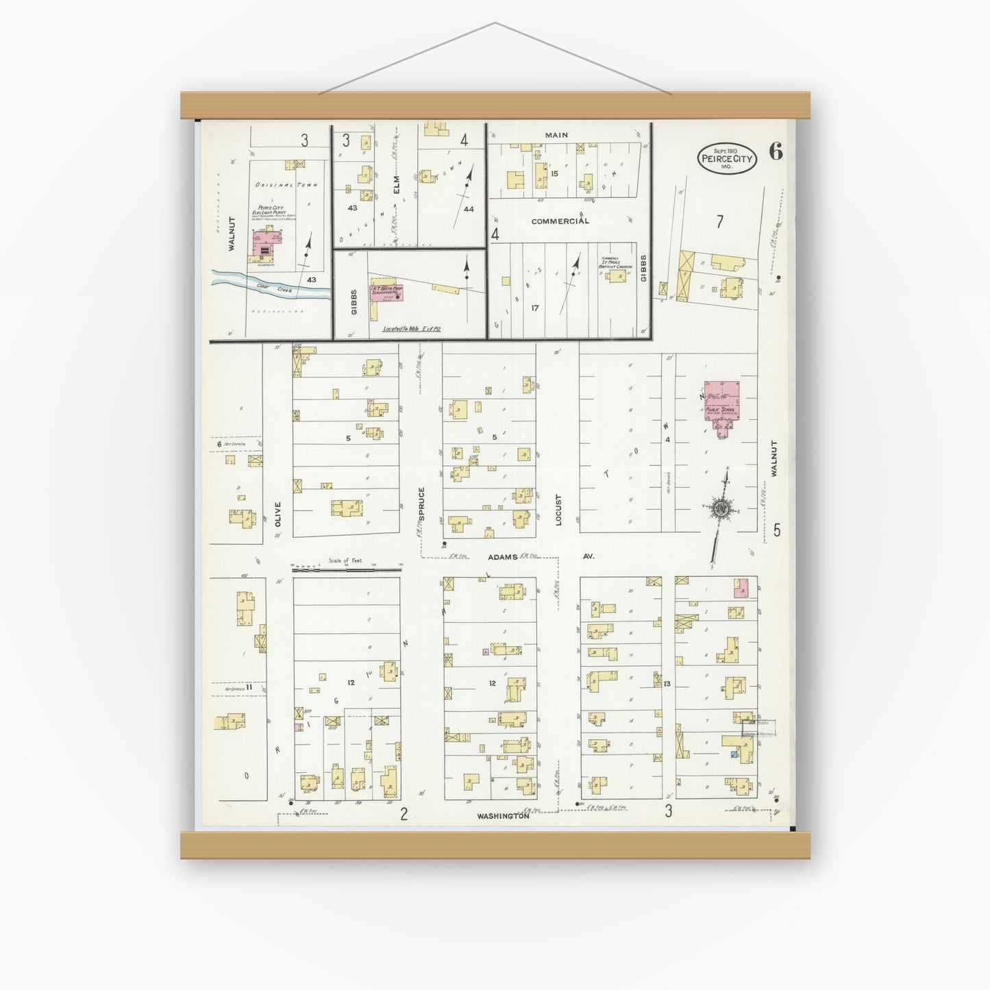 Old map wall art mockup — magnetic wood frame on white wall — Sanborn Fire Insurance Map from Pierce City, Lawrence County, Missouri (1910), Sheet #0006