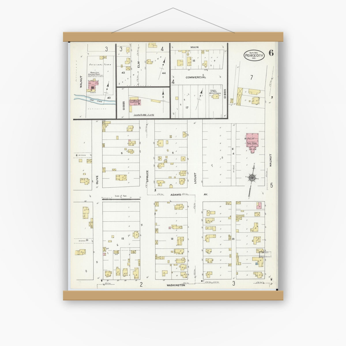 Old map wall art mockup — magnetic wood frame on white wall — Sanborn Fire Insurance Map from Pierce City, Lawrence County, Missouri (1910), Sheet #0006