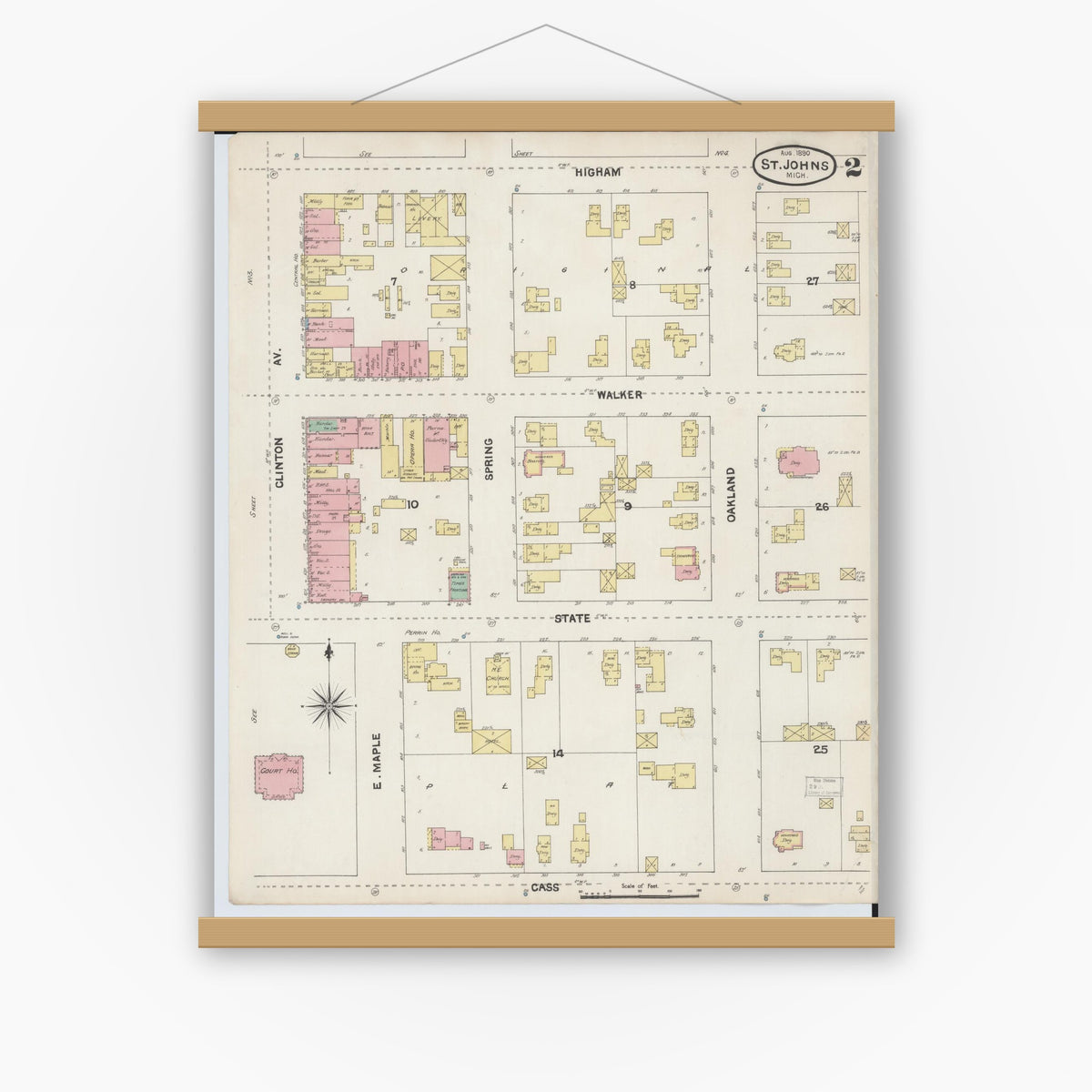 Old map wall art mockup — magnetic wood frame on white wall — Sanborn Fire Insurance Map from Saint Johns, Clinton County, Michigan (1890), Sheet #0002