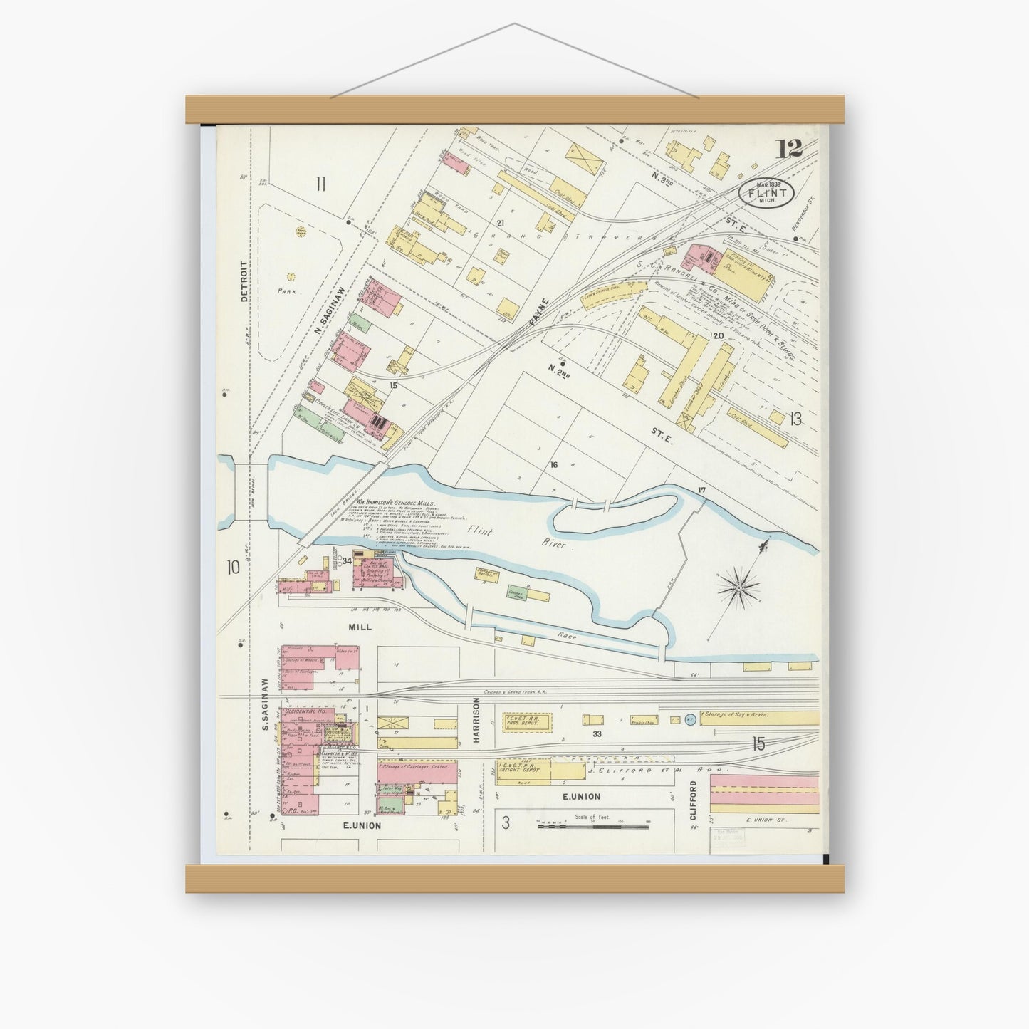 Old map wall art mockup — magnetic wood frame on white wall — Sanborn Fire Insurance Map from Flint, Genesee County, Michigan (1898), Sheet #0012