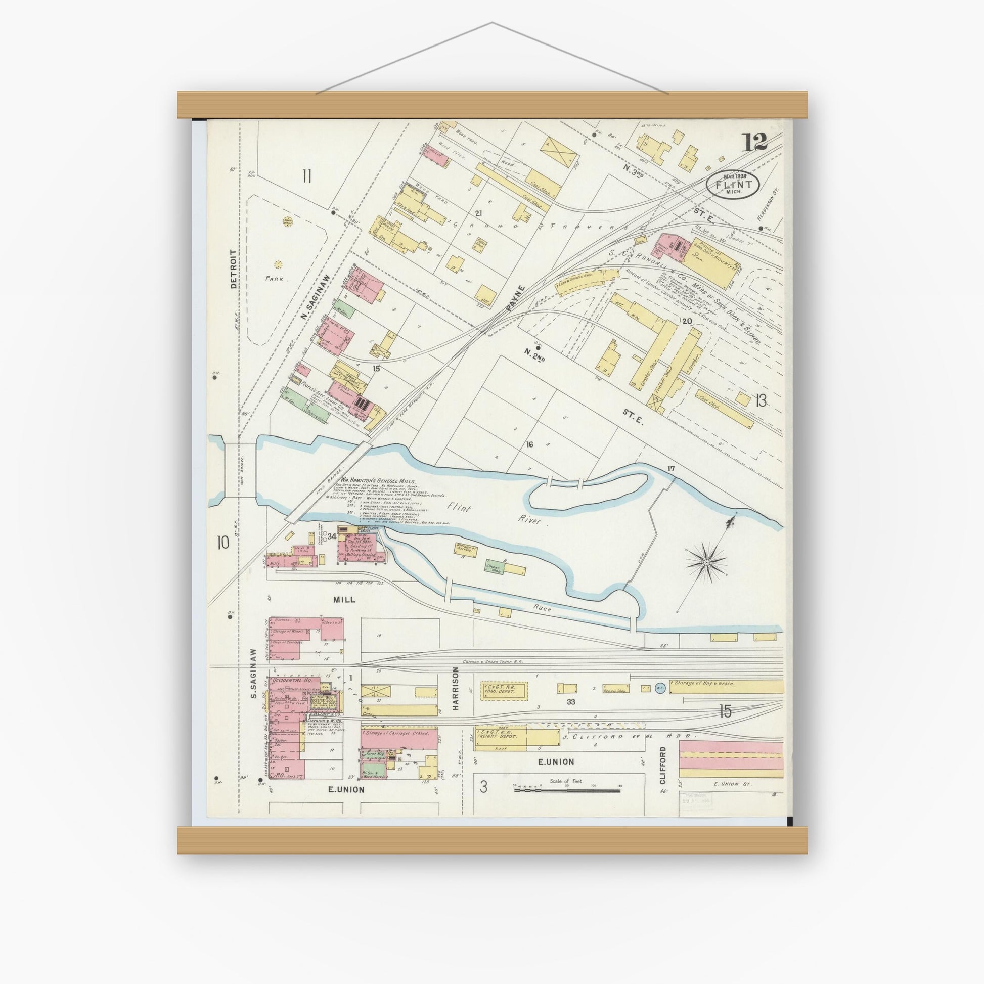 Old map wall art mockup — magnetic wood frame on white wall — Sanborn Fire Insurance Map from Flint, Genesee County, Michigan (1898), Sheet #0012