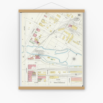 Old map wall art mockup — magnetic wood frame on white wall — Sanborn Fire Insurance Map from Flint, Genesee County, Michigan (1898), Sheet #0012