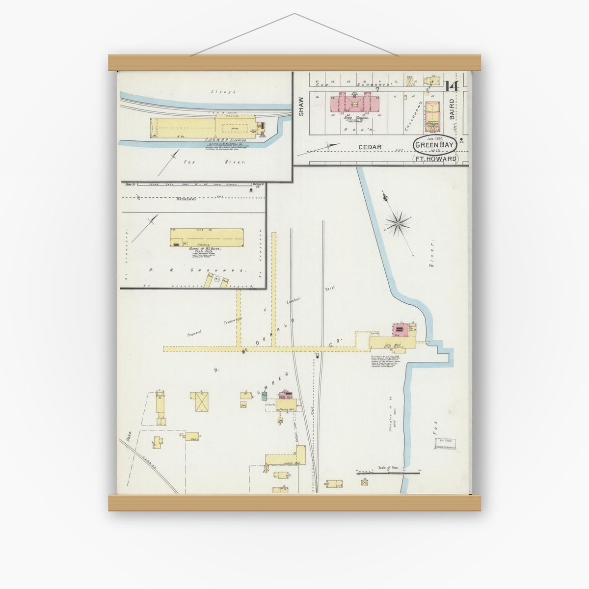 Old map wall art mockup — magnetic wood frame on white wall — Sanborn Fire Insurance Map from Green Bay, Brown County, Wisconsin (1894), Sheet #0014