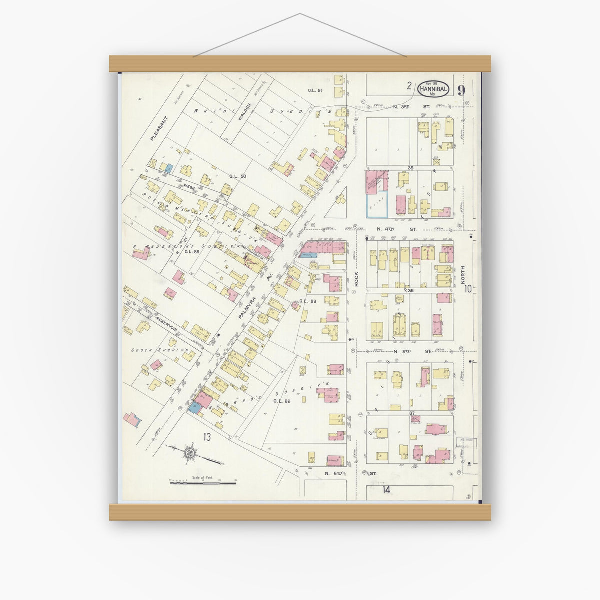 Old map wall art mockup — magnetic wood frame on white wall — Sanborn Fire Insurance Map from Hannibal, Marion County, Missouri (1913), Sheet #0009