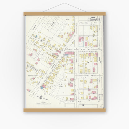 Old map wall art mockup — magnetic wood frame on white wall — Sanborn Fire Insurance Map from Hannibal, Marion County, Missouri (1913), Sheet #0009