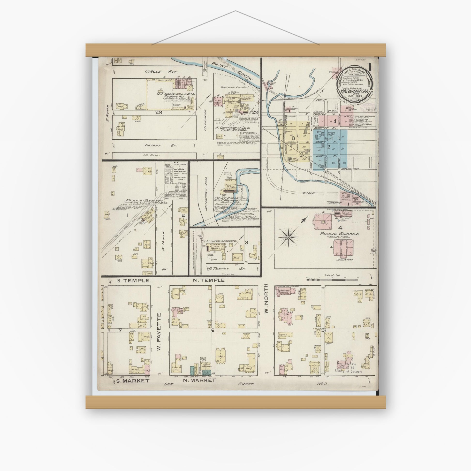 Old map wall art mockup — magnetic wood frame on white wall — Sanborn Fire Insurance Map from Washington Court House, Fayette County, Ohio (1886) - Complete Map Set