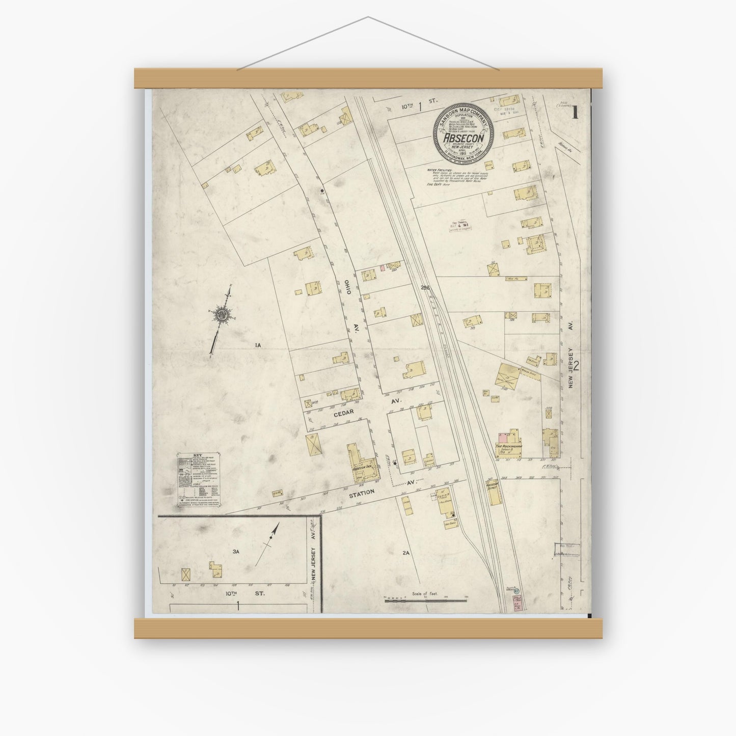 Old map wall art mockup — magnetic wood frame on white wall — Sanborn Fire Insurance Map from Absecon, Atlantic County, New Jersey (1911) - Complete Map Set