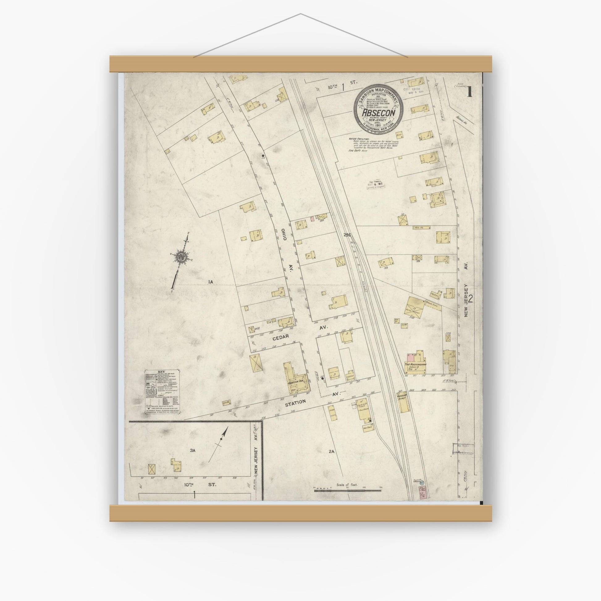 Old map wall art mockup — magnetic wood frame on white wall — Sanborn Fire Insurance Map from Absecon, Atlantic County, New Jersey (1911) - Complete Map Set