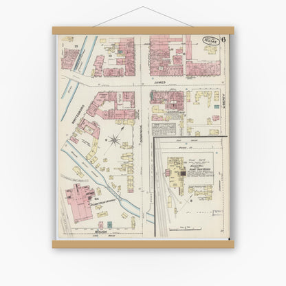 Old map wall art mockup — magnetic wood frame on white wall — Sanborn Fire Insurance Map from Rome, Oneida County, New York (1884), Sheet #0006