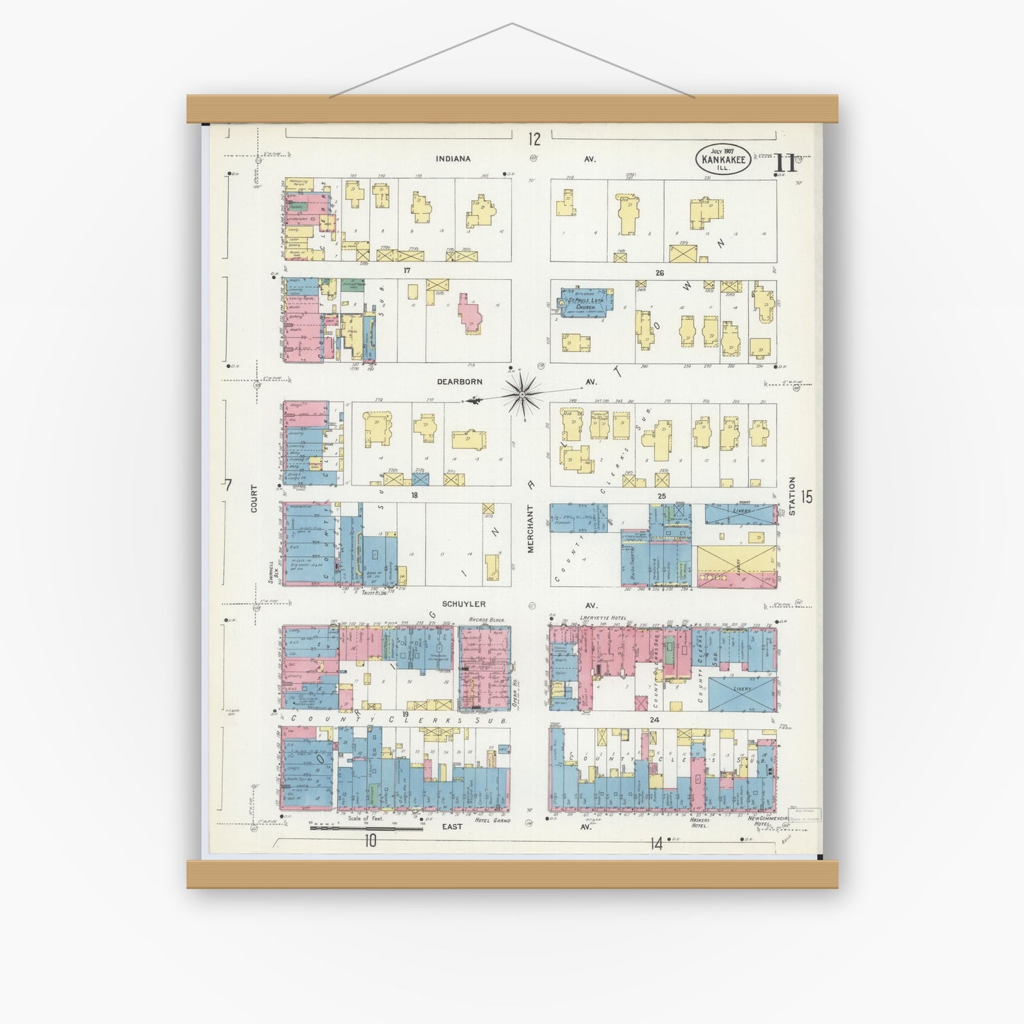 Old map wall art mockup — magnetic wood frame on white wall — Sanborn Fire Insurance Map from Kankakee, Kankakee County, Illinois (1907), Sheet #0011
