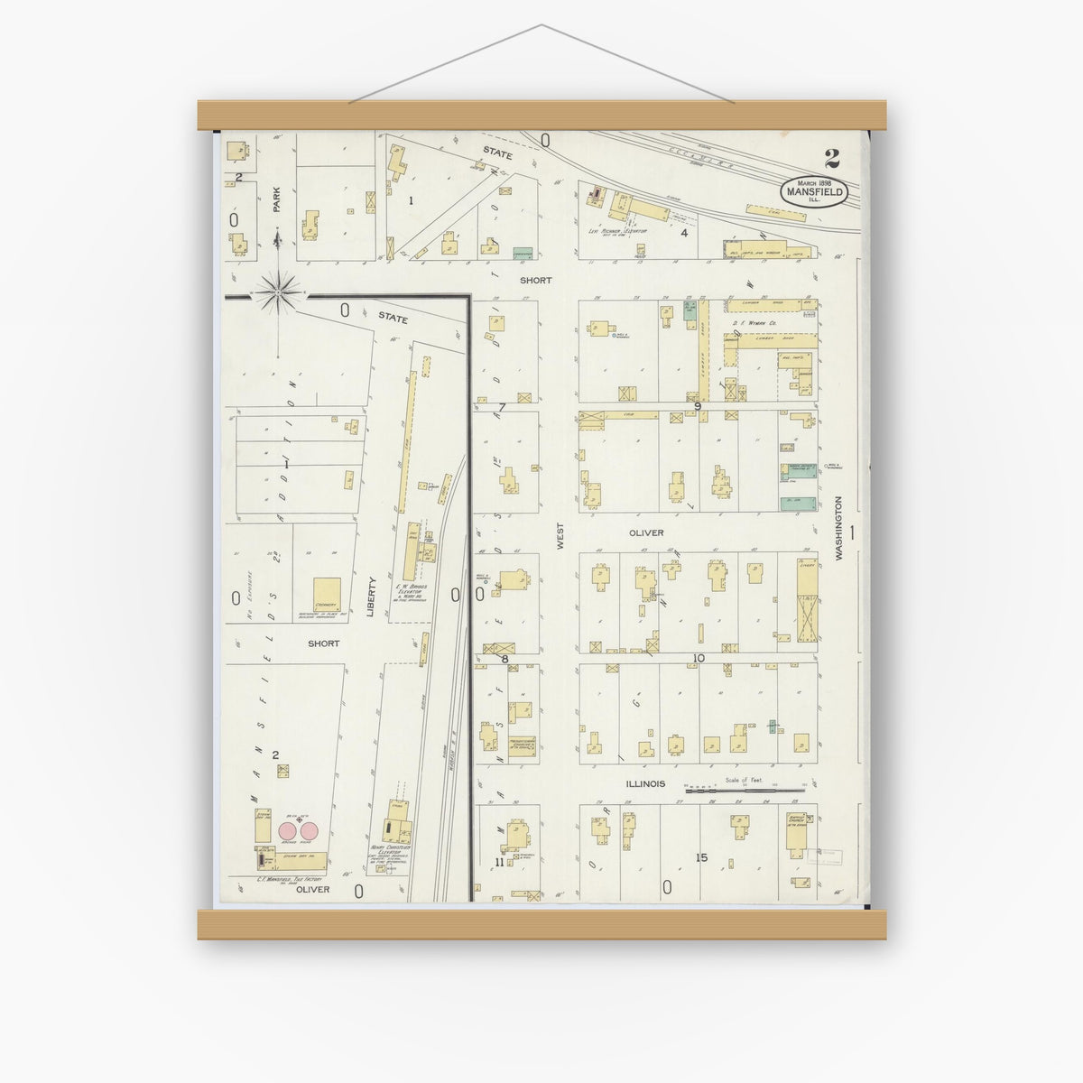 Old map wall art mockup — magnetic wood frame on white wall — Sanborn Fire Insurance Map from Mansfield, Piatt County, Illinois (1898), Sheet #0002