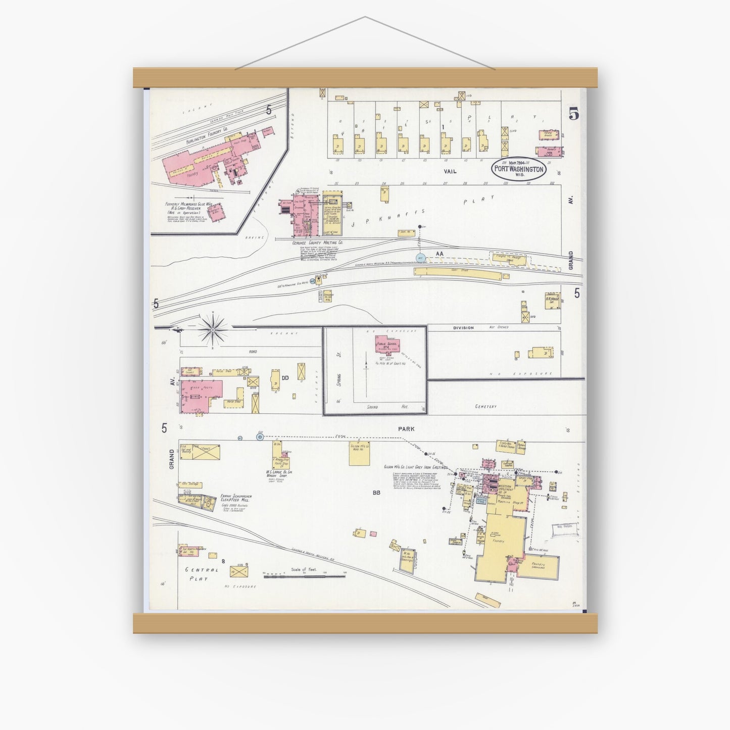 Old map wall art mockup — magnetic wood frame on white wall — Sanborn Fire Insurance Map from Port Washington, Ozaukee County, Wisconsin (1904), Sheet #0005