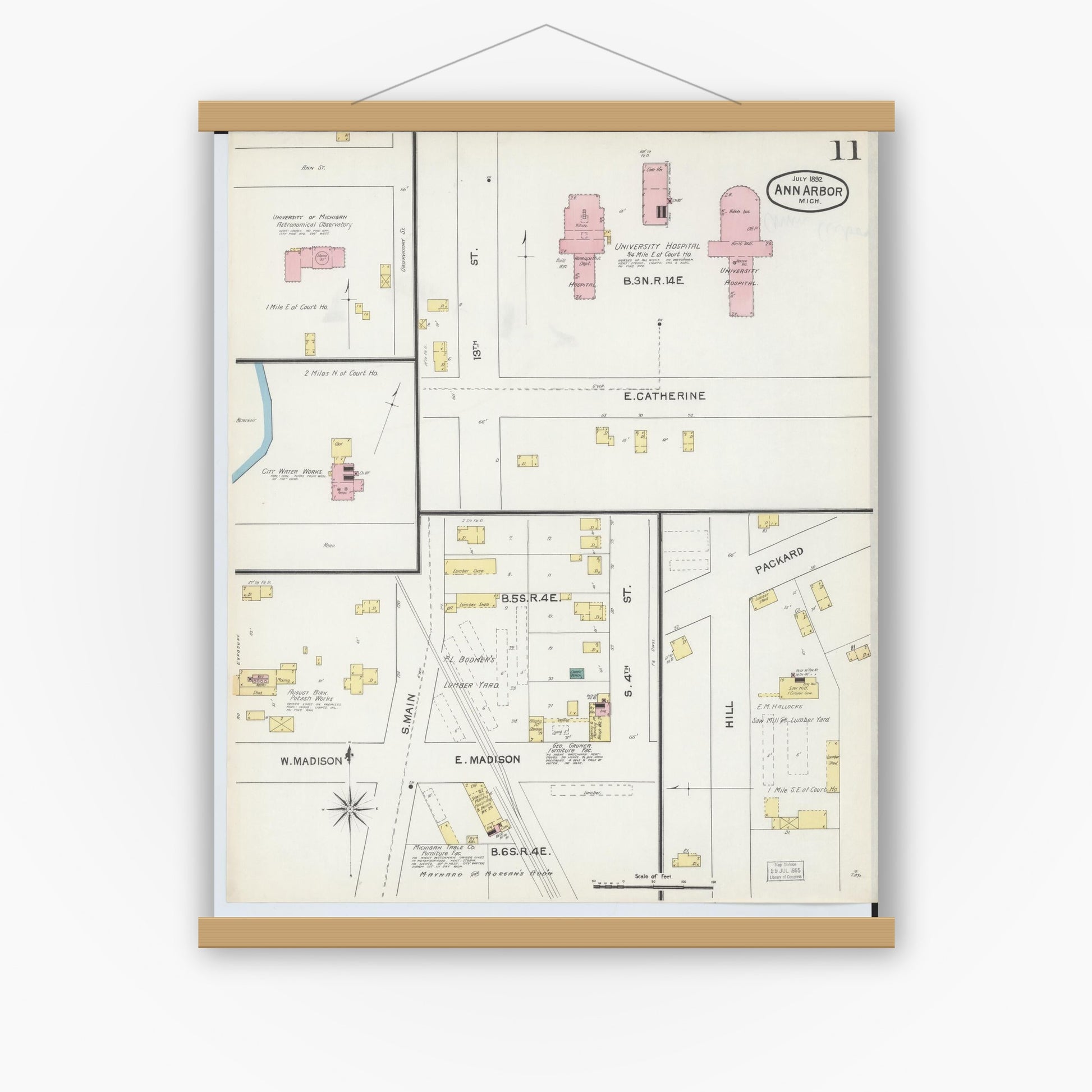 Old map wall art mockup — magnetic wood frame on white wall — Sanborn Fire Insurance Map from Ann Arbor, Washtenaw County, Michigan (1892), Sheet #0011