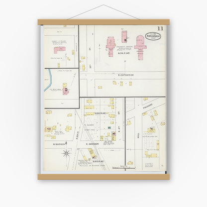 Old map wall art mockup — magnetic wood frame on white wall — Sanborn Fire Insurance Map from Ann Arbor, Washtenaw County, Michigan (1892), Sheet #0011