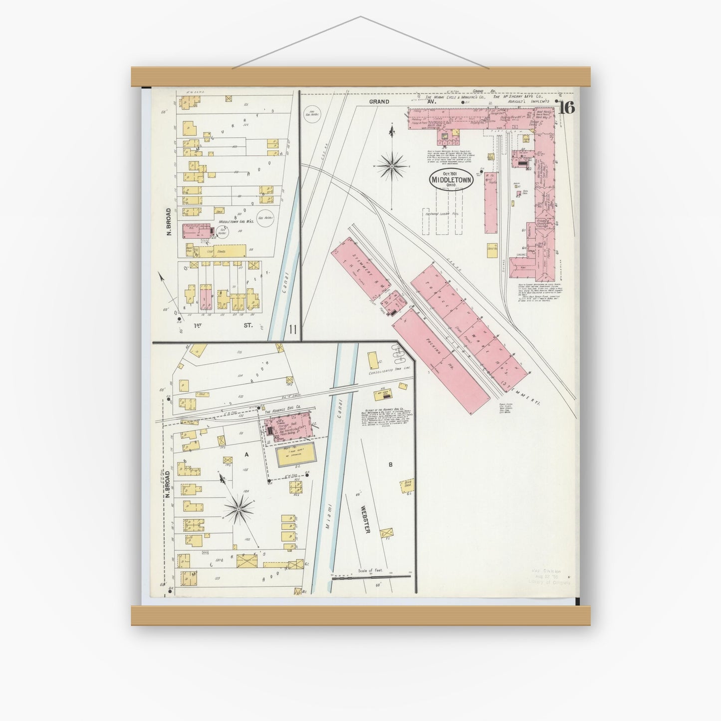 Old map wall art mockup — magnetic wood frame on white wall — Sanborn Fire Insurance Map from Middletown, Butler County, Ohio (1901), Sheet #0016