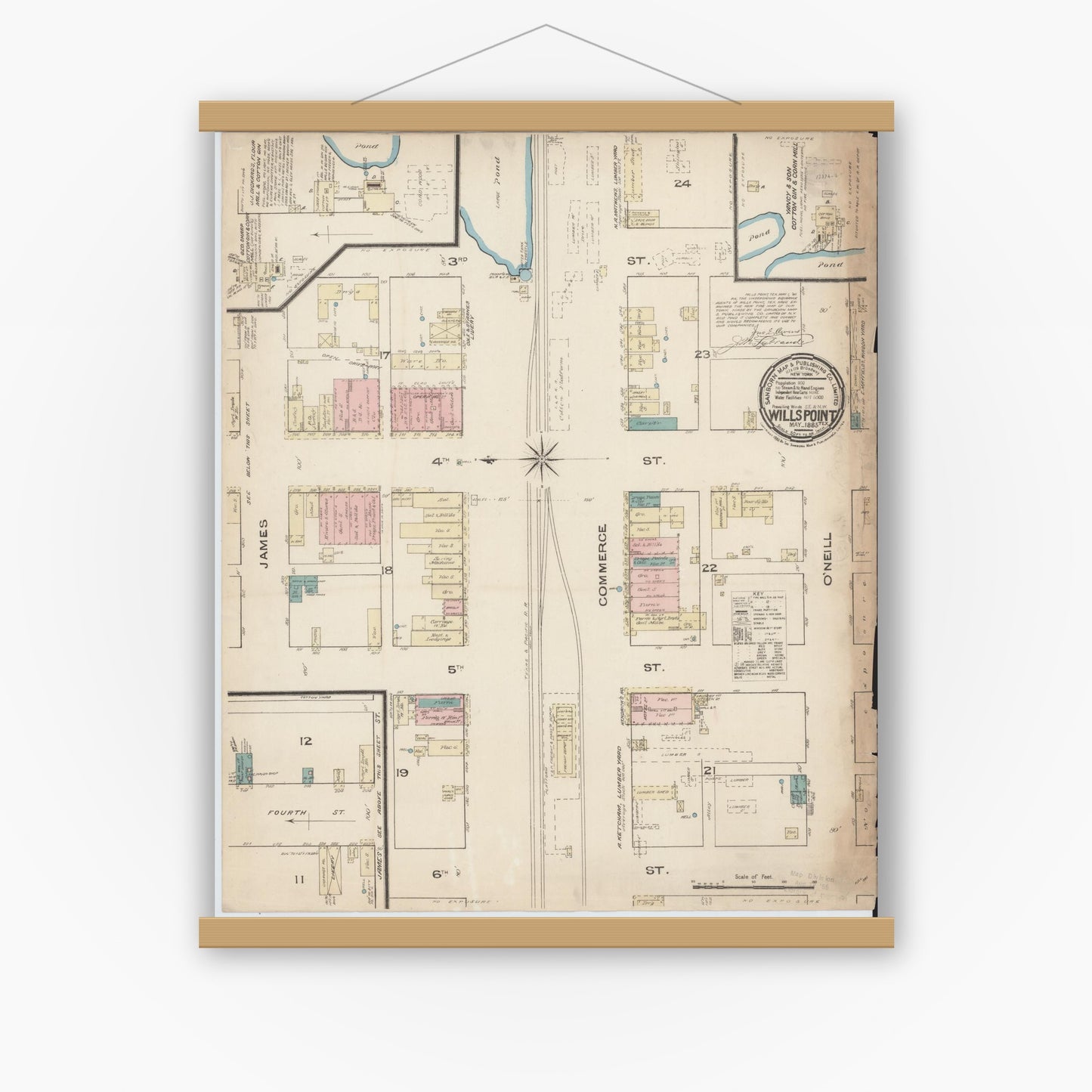 Old map wall art mockup — magnetic wood frame on white wall — Sanborn Fire Insurance Map from Wills Point, Van Zandt County, Texas (1885), Sheet #0001
