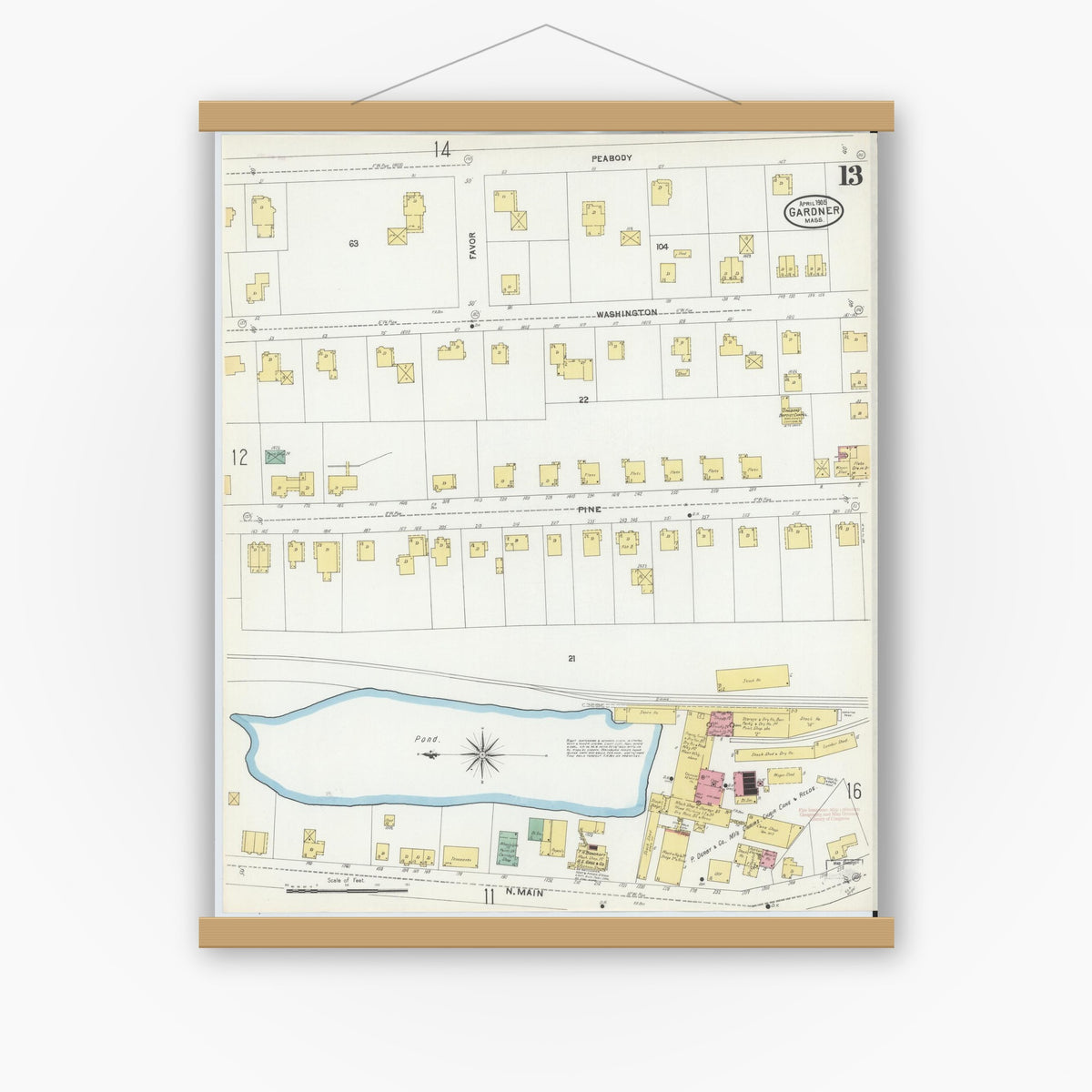 Old map wall art mockup — magnetic wood frame on white wall — Sanborn Fire Insurance Map from Gardner, Worcester County, Massachusetts (1905), Sheet #0013