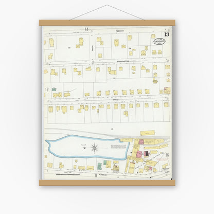 Old map wall art mockup — magnetic wood frame on white wall — Sanborn Fire Insurance Map from Gardner, Worcester County, Massachusetts (1905), Sheet #0013
