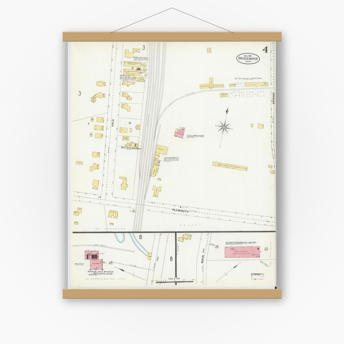 Old map wall art mockup — magnetic wood frame on white wall — Sanborn Fire Insurance Map from Bridgewater, Plymouth County, Massachusetts (1906), Sheet #0004