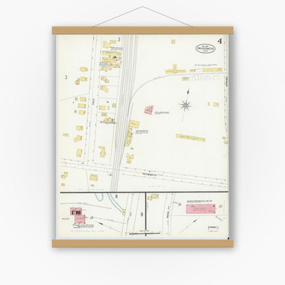 Old map wall art mockup — magnetic wood frame on white wall — Sanborn Fire Insurance Map from Bridgewater, Plymouth County, Massachusetts (1906), Sheet #0004