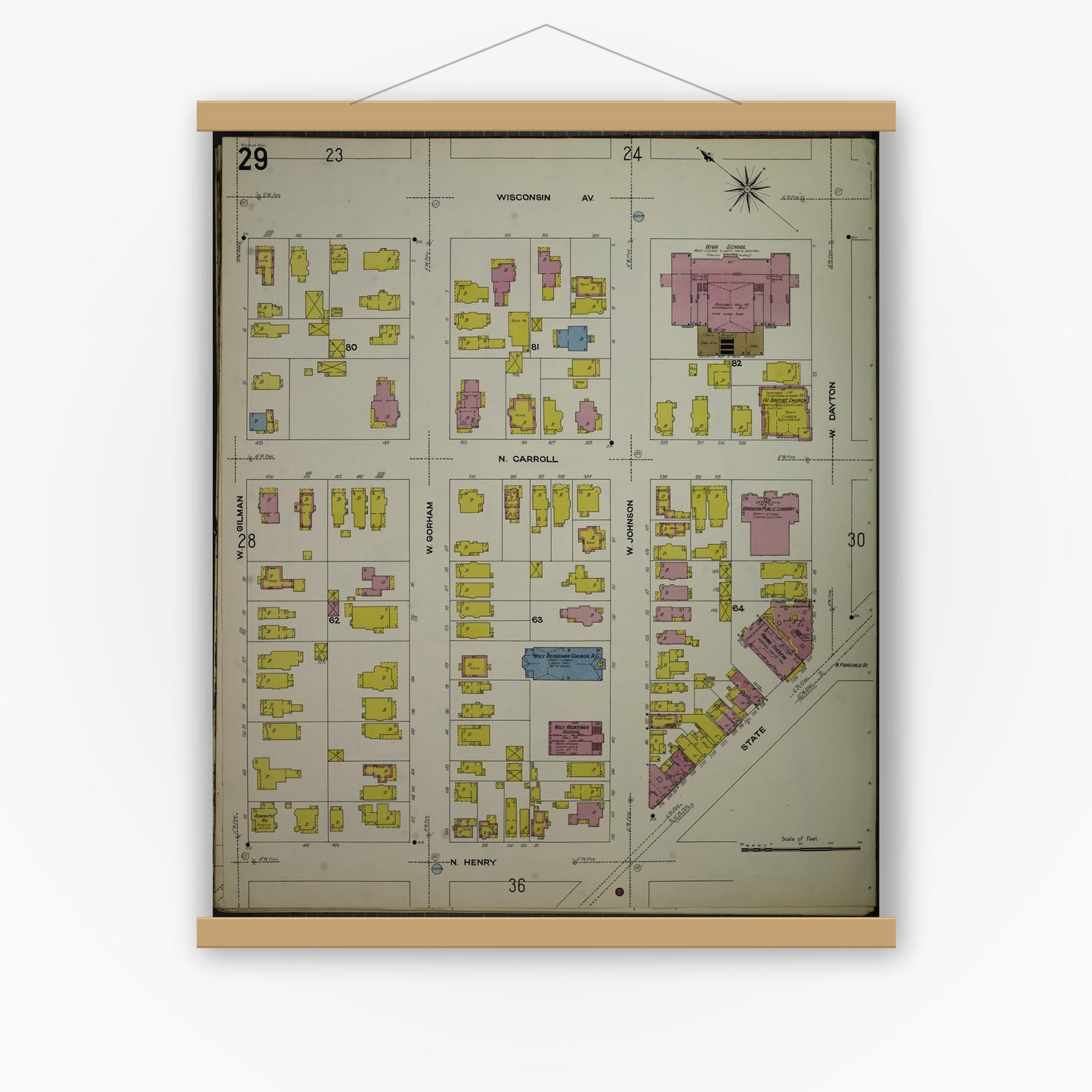 Old map wall art mockup — magnetic wood frame on white wall — Sanborn Fire Insurance Map from Madison, Dane County, Wisconsin (1908), Sheet #0029