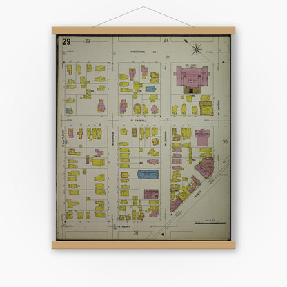 Old map wall art mockup — magnetic wood frame on white wall — Sanborn Fire Insurance Map from Madison, Dane County, Wisconsin (1908), Sheet #0029