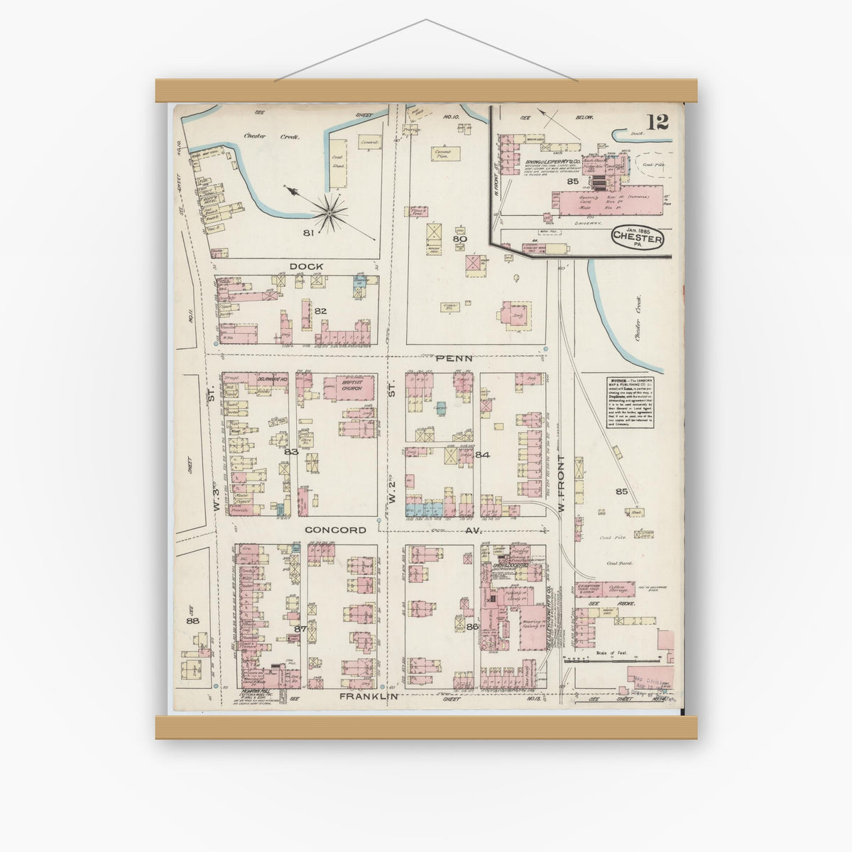 Old map wall art mockup — magnetic wood frame on white wall — Sanborn Fire Insurance Map from Chester, Delaware County, Pennsylvania (1885), Sheet #0012