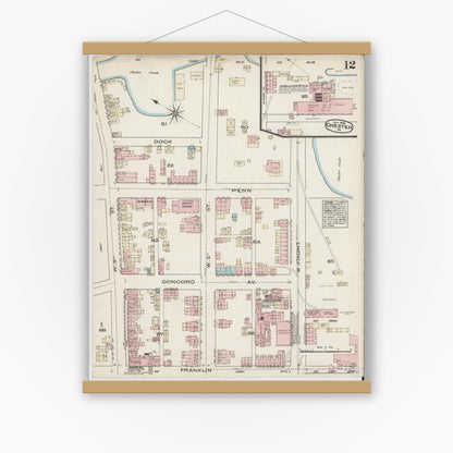 Old map wall art mockup — magnetic wood frame on white wall — Sanborn Fire Insurance Map from Chester, Delaware County, Pennsylvania (1885), Sheet #0012