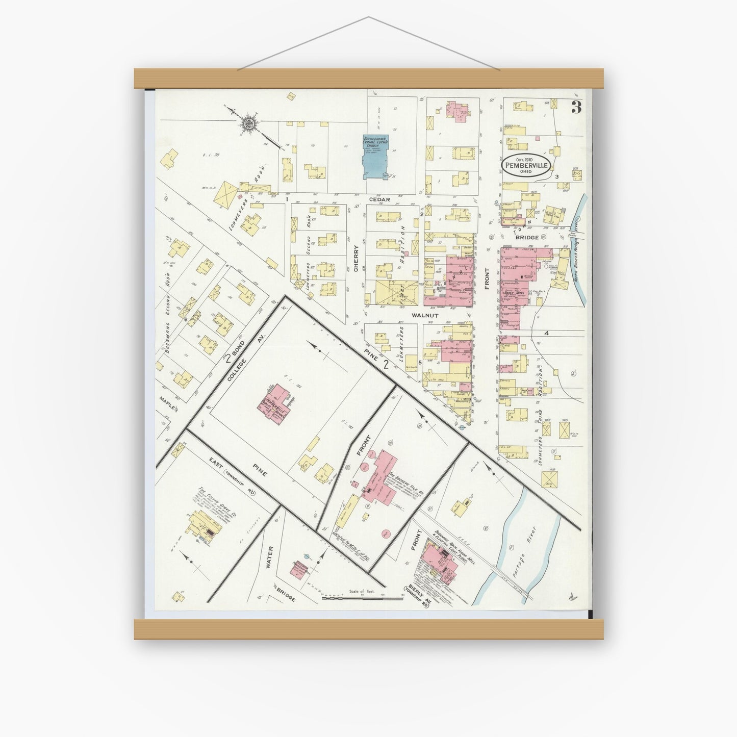 Old map wall art mockup — magnetic wood frame on white wall — Sanborn Fire Insurance Map from Pemberville, Wood County, Ohio (1910), Sheet #0003