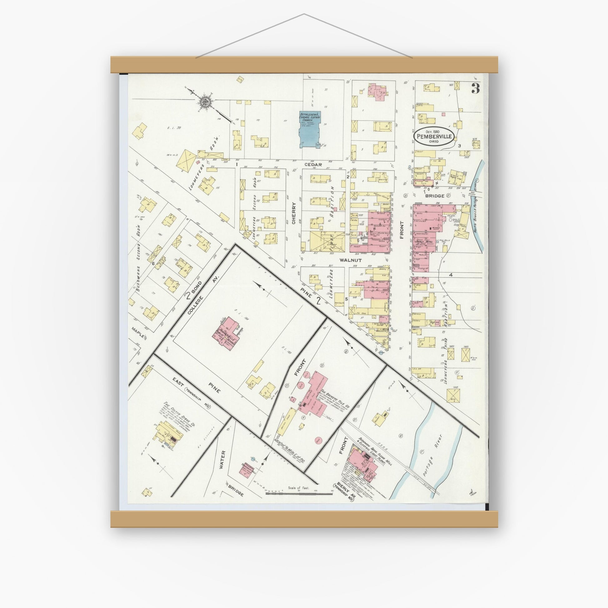 Old map wall art mockup — magnetic wood frame on white wall — Sanborn Fire Insurance Map from Pemberville, Wood County, Ohio (1910), Sheet #0003