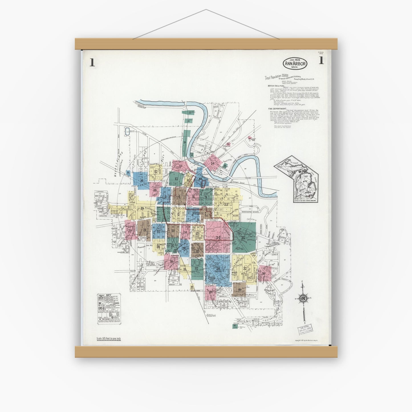 Old map wall art mockup — magnetic wood frame on white wall — Sanborn Fire Insurance Map from Ann Arbor, Washtenaw County, Michigan (1925) - Complete Map Set