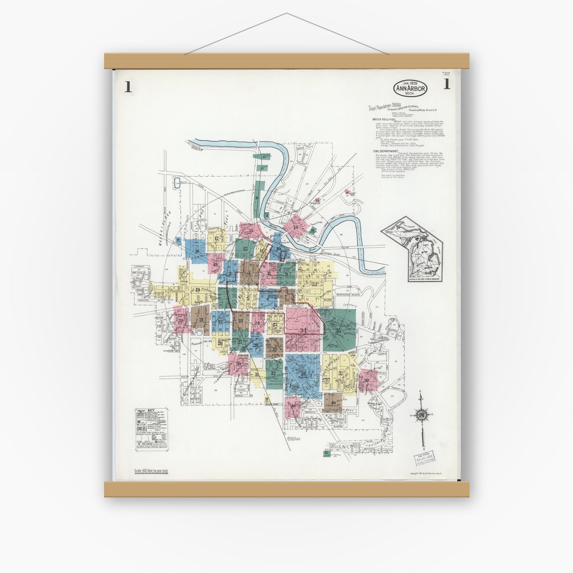 Old map wall art mockup — magnetic wood frame on white wall — Sanborn Fire Insurance Map from Ann Arbor, Washtenaw County, Michigan (1925) - Complete Map Set