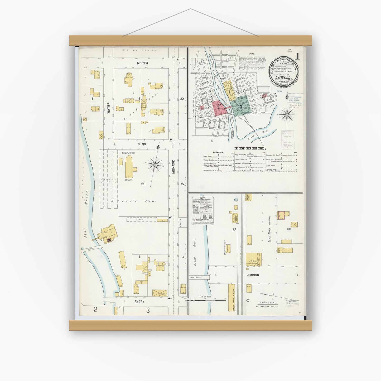Old map wall art mockup — magnetic wood frame on white wall — Sanborn Fire Insurance Map from Lowell, Kent County, Michigan (1900) - Complete Map Set