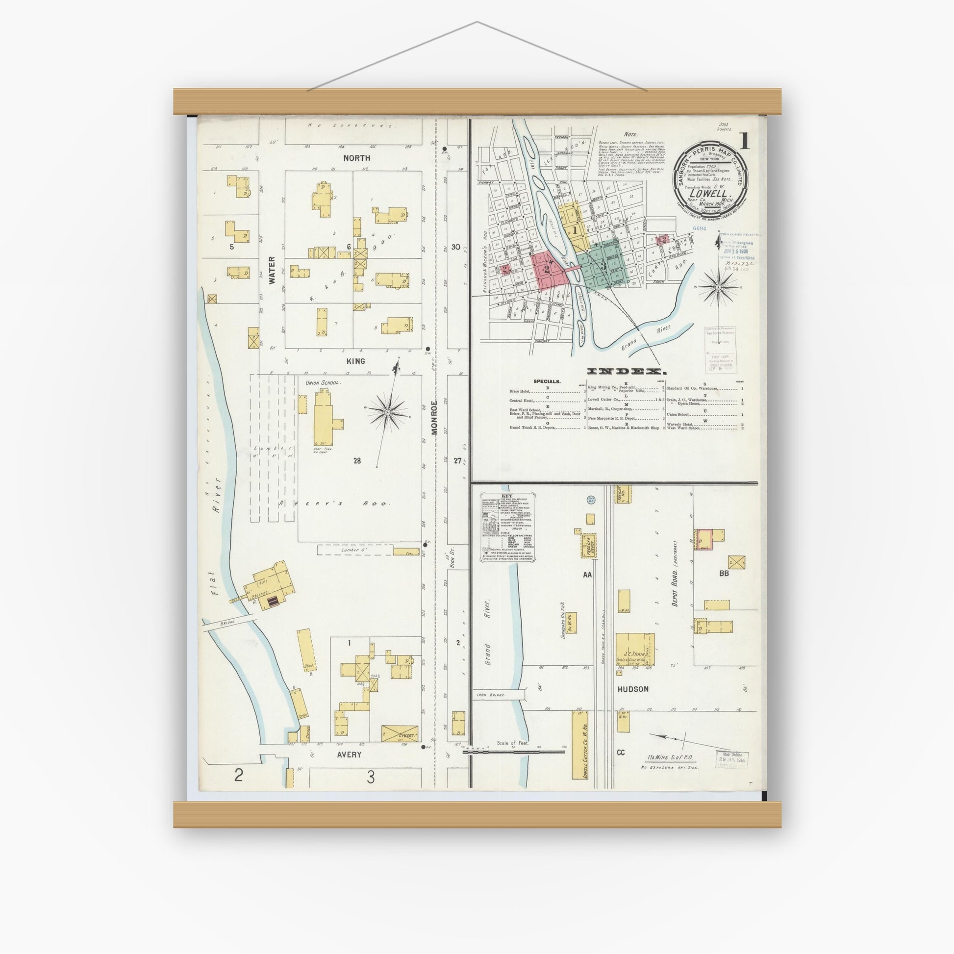Old map wall art mockup — magnetic wood frame on white wall — Sanborn Fire Insurance Map from Lowell, Kent County, Michigan (1900) - Complete Map Set