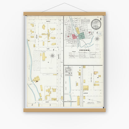 Old map wall art mockup — magnetic wood frame on white wall — Sanborn Fire Insurance Map from Lowell, Kent County, Michigan (1900) - Complete Map Set
