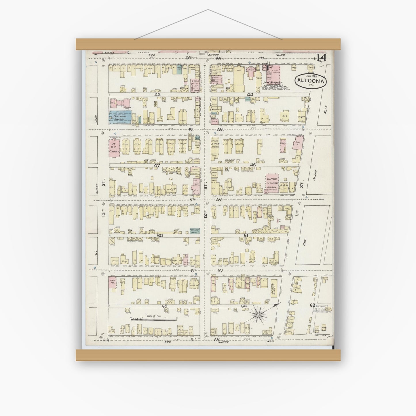 Old map wall art mockup — magnetic wood frame on white wall — Sanborn Fire Insurance Map from Altoona, Blair County, Pennsylvania (1888), Sheet #0014