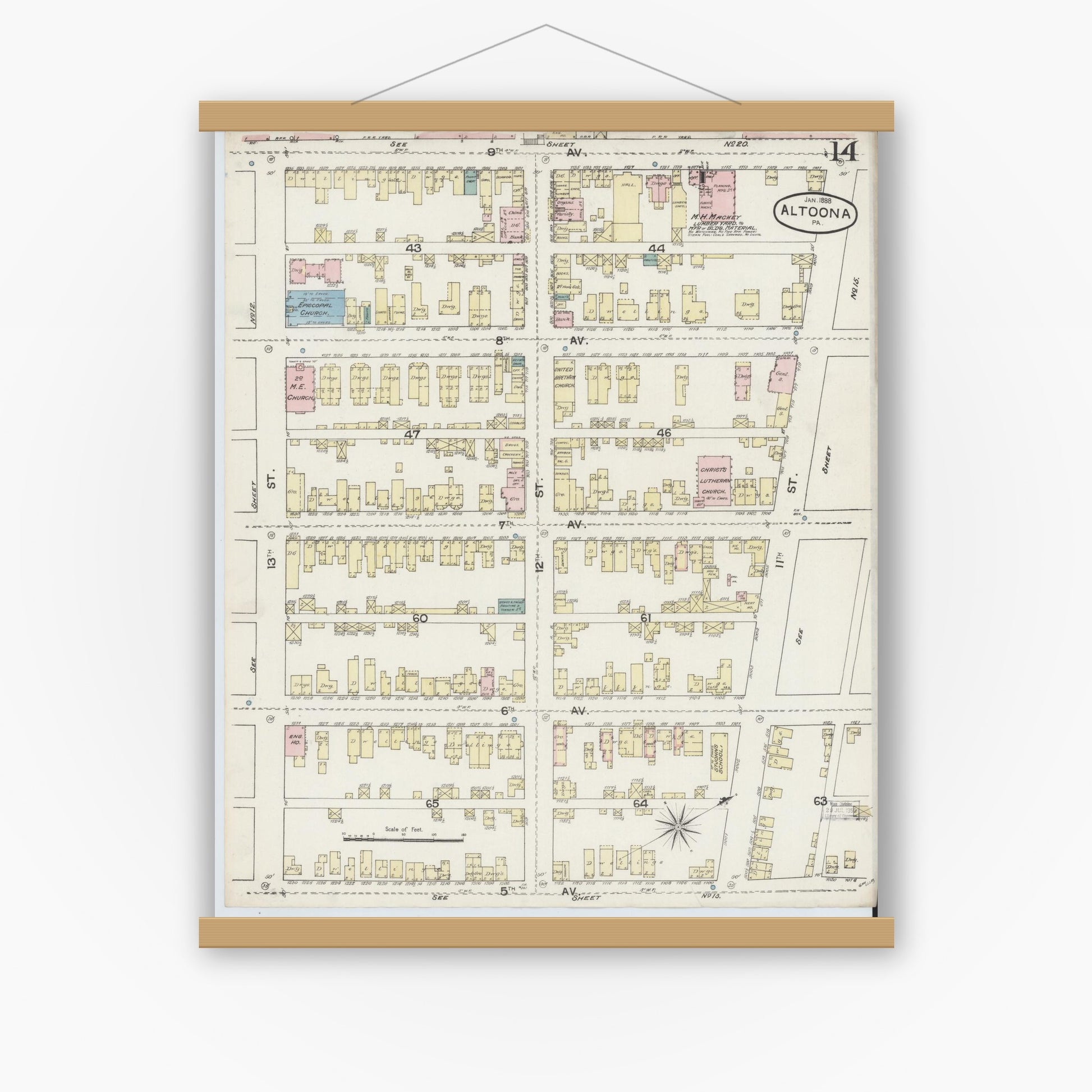 Old map wall art mockup — magnetic wood frame on white wall — Sanborn Fire Insurance Map from Altoona, Blair County, Pennsylvania (1888), Sheet #0014