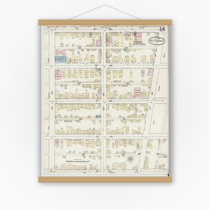 Old map wall art mockup — magnetic wood frame on white wall — Sanborn Fire Insurance Map from Altoona, Blair County, Pennsylvania (1888), Sheet #0014