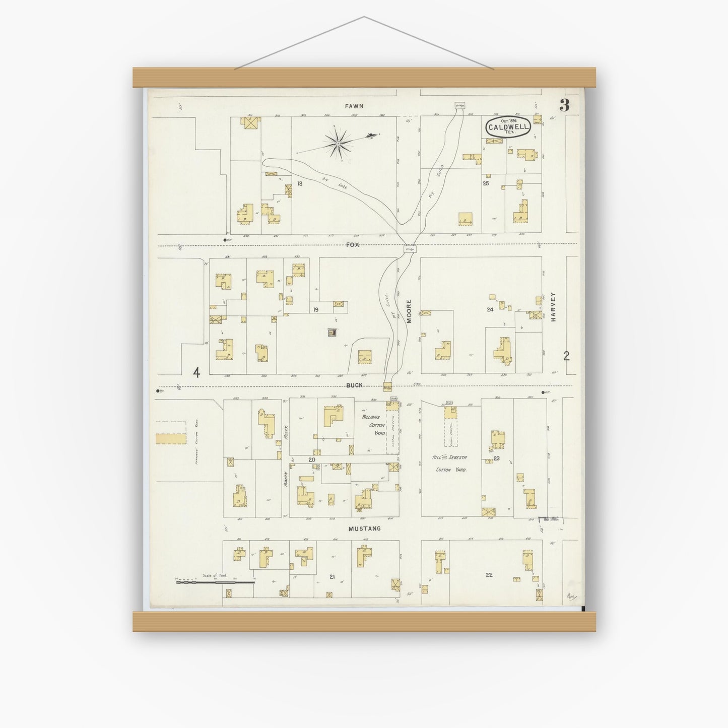 Old map wall art mockup — magnetic wood frame on white wall — Sanborn Fire Insurance Map from Caldwell, Burleson County, Texas (1896), Sheet #0003