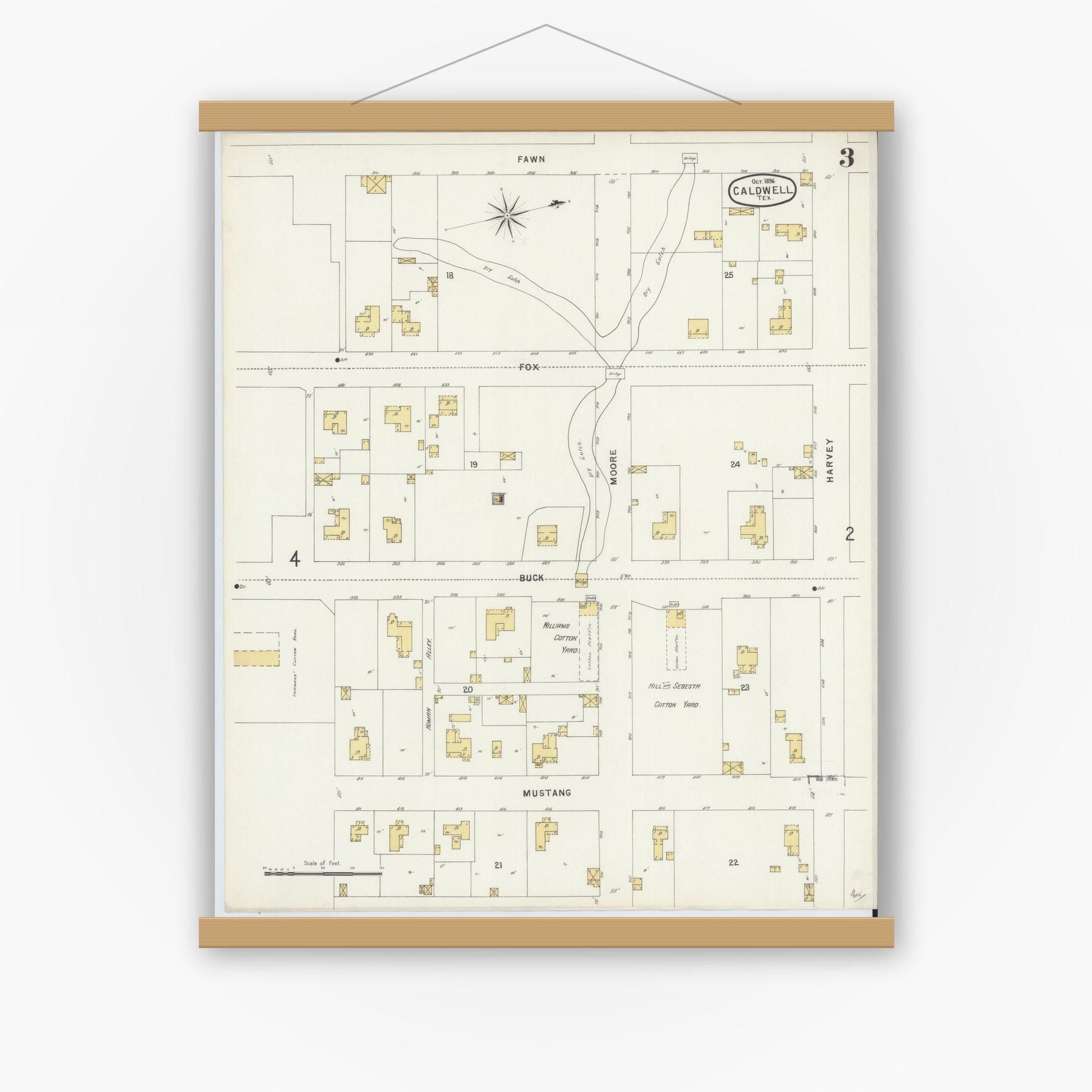 Old map wall art mockup — magnetic wood frame on white wall — Sanborn Fire Insurance Map from Caldwell, Burleson County, Texas (1896), Sheet #0003