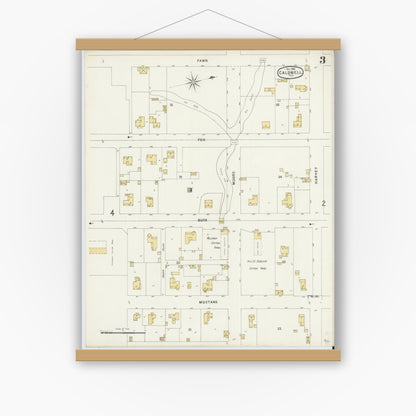 Old map wall art mockup — magnetic wood frame on white wall — Sanborn Fire Insurance Map from Caldwell, Burleson County, Texas (1896), Sheet #0003
